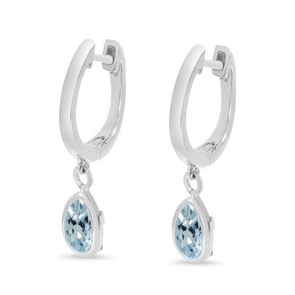 14K White Gold Pear Aquamarine Dangle Birthstone Huggie Earrings Image 2 Segner's Jewelers Fredericksburg, TX