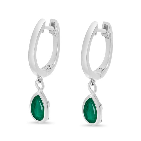 14K White Gold Pear Emerald Dangle Birthstone Huggie Earrings Image 2 Adler's Diamonds Saint Louis, MO