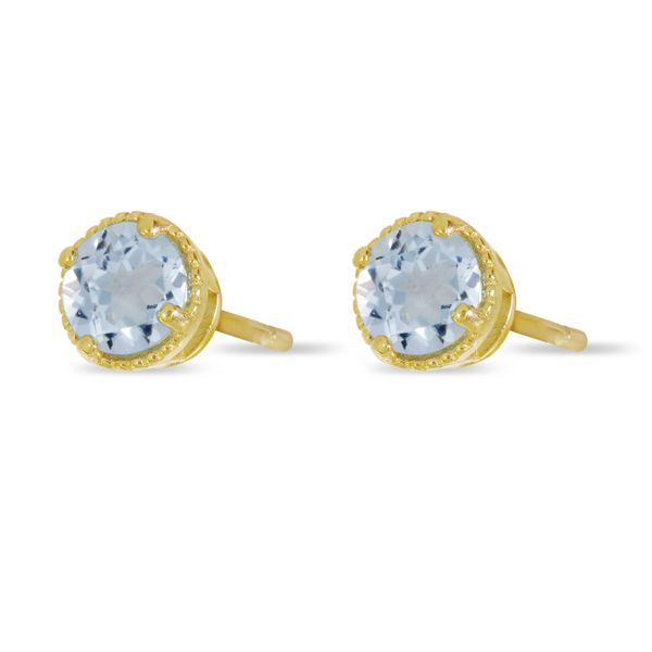 14K Yellow Gold 4mm Round Aquamarine Millgrain Halo Earrings Image 2 Castle Couture Fine Jewelry Manalapan, NJ