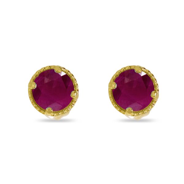 14K Yellow Gold 4mm Round Ruby Millgrain Halo Earrings Castle Couture Fine Jewelry Manalapan, NJ