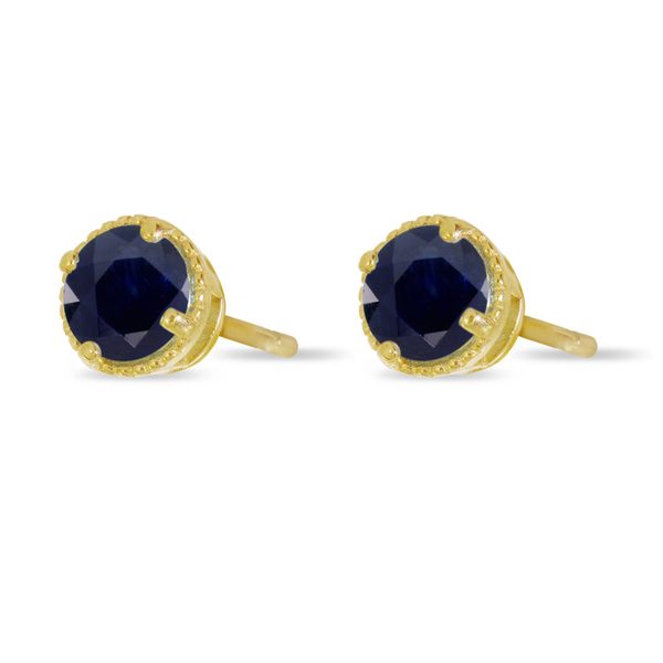 14K Yellow Gold 4mm Round Sapphire Millgrain Halo Earrings Image 2 LeeBrant Jewelry & Watch Co Sandy Springs, GA