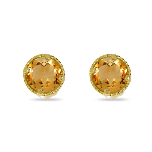 14K Yellow Gold 4mm Round Citrine Millgrain Halo Earrings Adler's Diamonds Saint Louis, MO