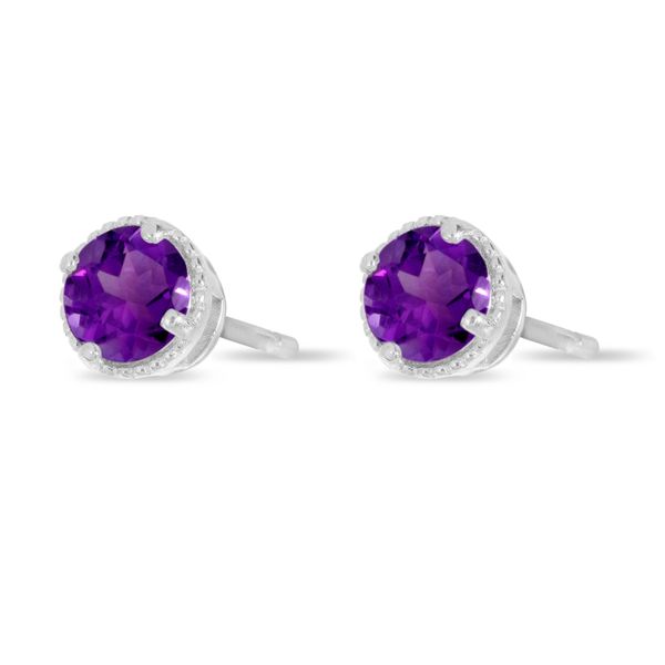 14K White Gold 4mm Round Amethyst Millgrain Halo Earrings Image 2 Castle Couture Fine Jewelry Manalapan, NJ