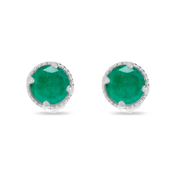 14K White Gold 4mm Round Emerald Millgrain Halo Earrings Windham Jewelers Windham, ME
