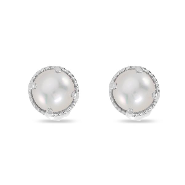 14K White Gold 4mm Round Pearl Millgrain Halo Earrings Castle Couture Fine Jewelry Manalapan, NJ