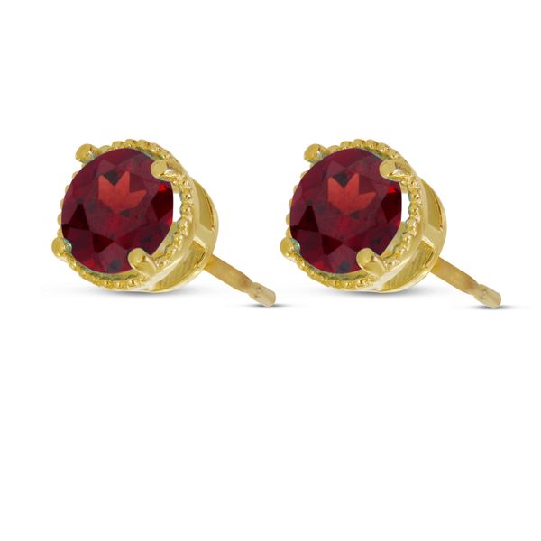 14K Yellow Gold 5mm Round Garnet Millgrain Halo Earrings Image 2 Segner's Jewelers Fredericksburg, TX