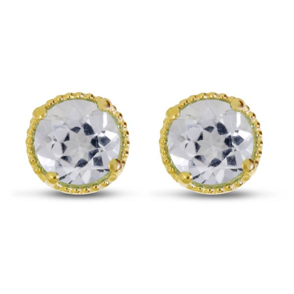 14K Yellow Gold 5mm Round White Topaz Millgrain Halo Earrings Castle Couture Fine Jewelry Manalapan, NJ