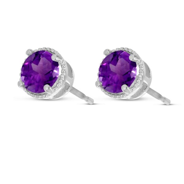 14K White Gold 5mm Round Amethyst Millgrain Halo Earrings Image 2 Castle Couture Fine Jewelry Manalapan, NJ