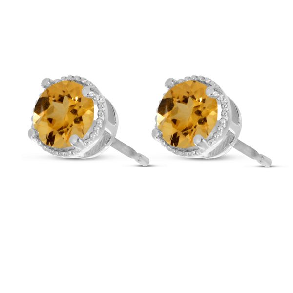 14K White Gold 5mm Round Citrine Millgrain Halo Earrings Image 2 Castle Couture Fine Jewelry Manalapan, NJ