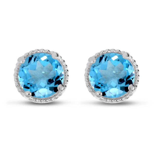 14K White Gold 5mm Round Blue Topaz Millgrain Halo Earrings LeeBrant Jewelry & Watch Co Sandy Springs, GA