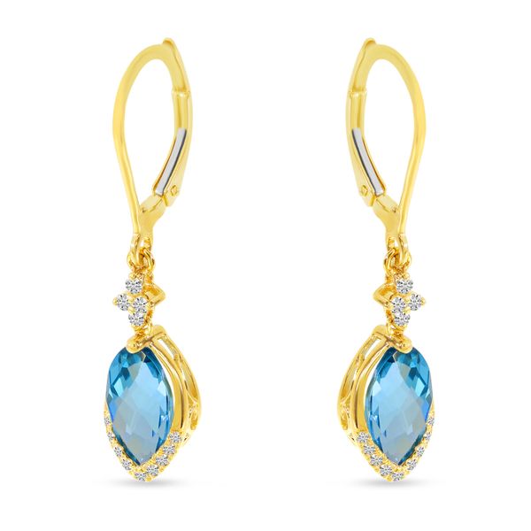 14K Yellow Gold Marquise Blue Topaz Dangle with Diamond Leverback Earrings Jimmy Smith Jewelers Decatur, AL