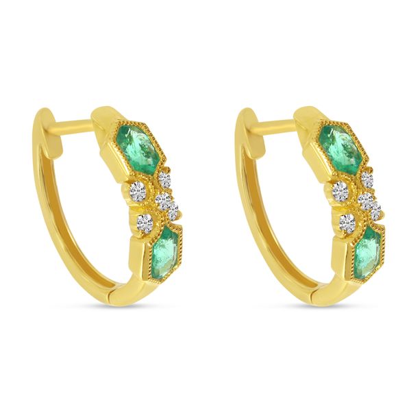 14K Yellow Gold Emerald Hexagon Millgrain Huggie Earrings Image 2 Segner's Jewelers Fredericksburg, TX