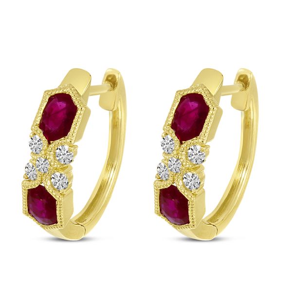 14K Yellow Gold Ruby Hexagon Millgrain Huggie Earrings Jimmy Smith Jewelers Decatur, AL