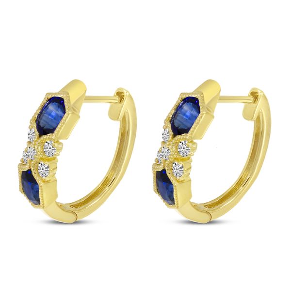 14K Yellow Gold Sapphire Hexagon Millgrain Huggie Earrings Image 2 LeeBrant Jewelry & Watch Co Sandy Springs, GA