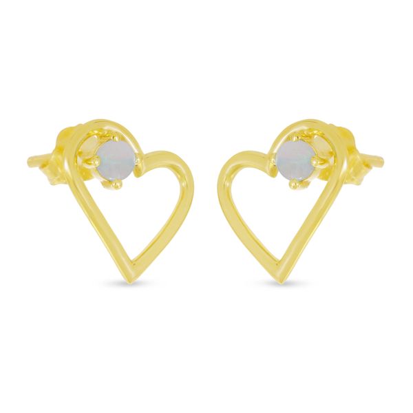 14K Yellow Gold Opal Open Heart Birthstone Earrings Image 2 Woelk's House of Diamonds Russell, KS