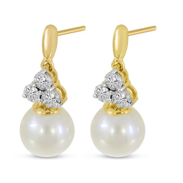 14K Yellow Gold Diamond Triangle & Pearl Earrings Image 2 Karen's Jewelers Oak Ridge, TN