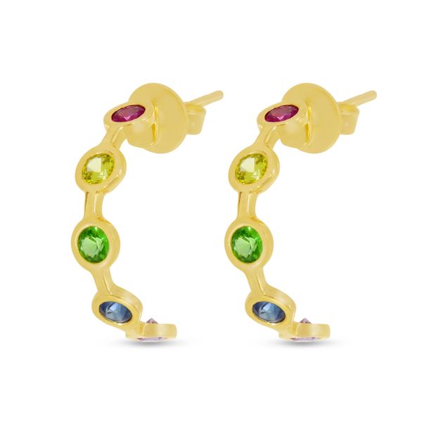 14K Yellow Gold Rainbow Sapphire Bezel Huggie Earrings Image 2 Karen's Jewelers Oak Ridge, TN