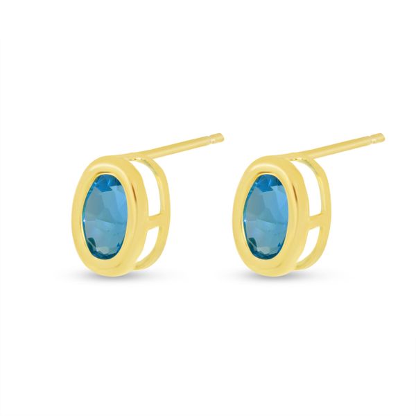 14K Yellow Gold Blue Topaz Oval Bezel Birthstone Earrings Woelk's House of Diamonds Russell, KS