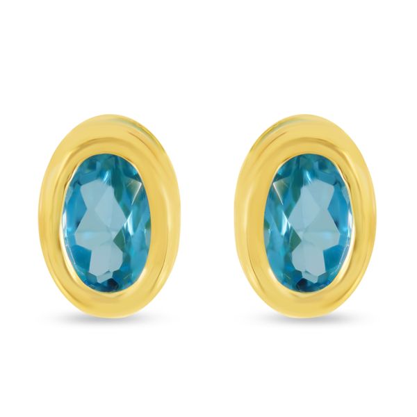 14K Yellow Gold Blue Topaz Oval Bezel Birthstone Earrings Image 2 Marks of Design Shelton, CT