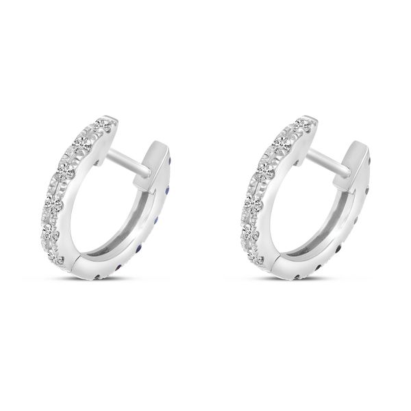 14K White Gold Sapphire & Diamond Reversible Huggie Earrings Image 4 Castle Couture Fine Jewelry Manalapan, NJ