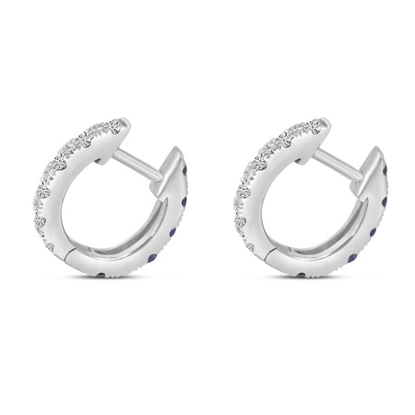 14K White Gold Sapphire & Diamond Reversible Huggie Earrings Image 5 Castle Couture Fine Jewelry Manalapan, NJ
