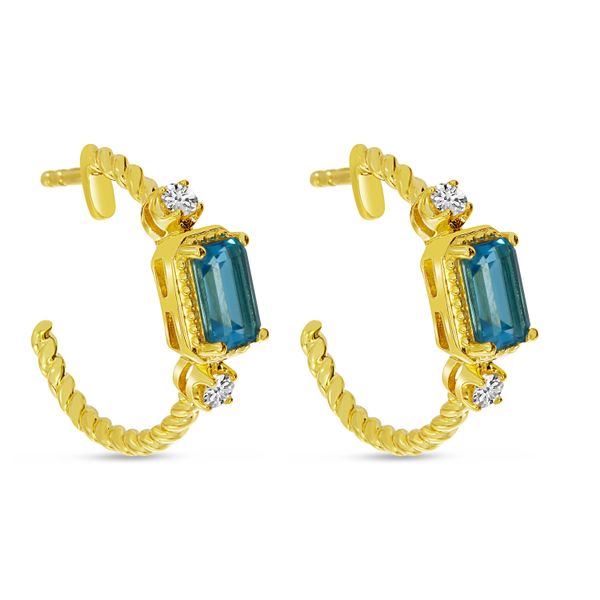 14K Yellow Gold Emerald Cut Semi and Diamond Twist Hoop Earrings Lennon's W.B. Wilcox Jewelers New Hartford, NY