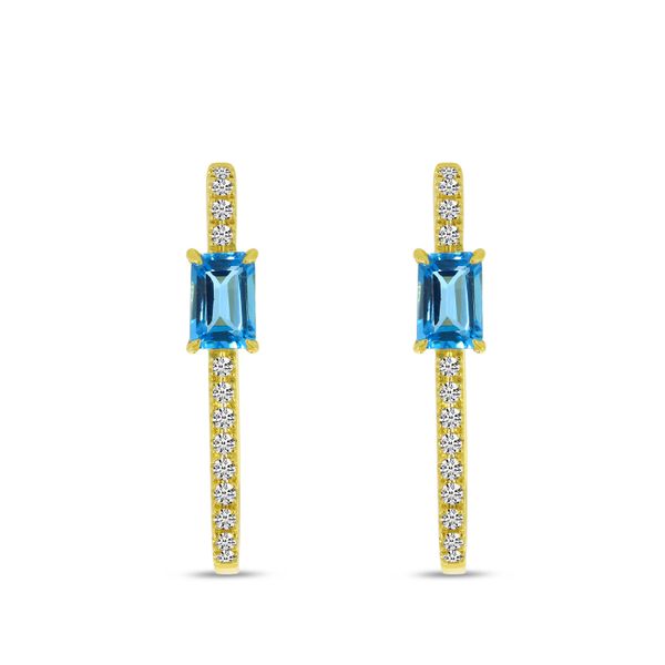 14K Yellow Gold Emerald Cut Blue Topaz and Diamond Elongated Semi Precious Hoop Earrings Image 2 Glatz Jewelry Aliquippa, PA