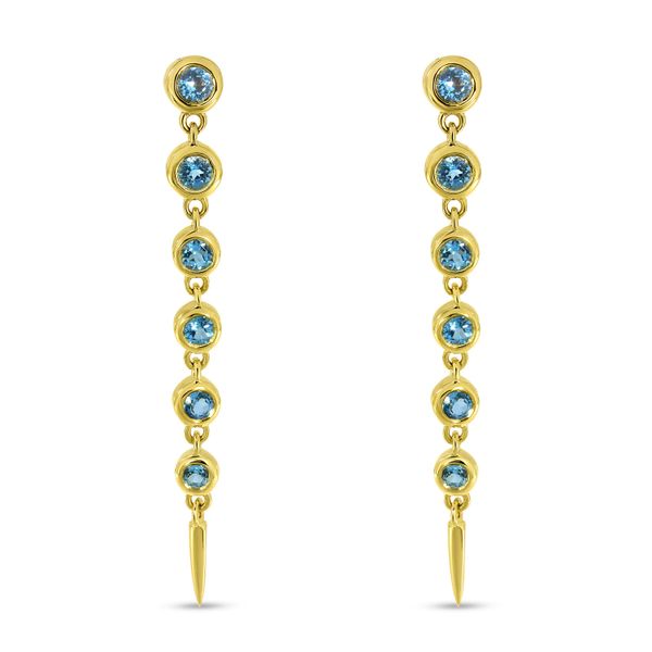 14K Yellow Gold Graduated Bezel Blue Topaz Drop Semi Precious Earrings Windham Jewelers Windham, ME