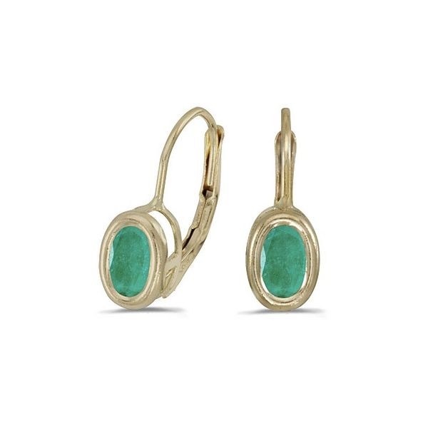 14K Yellow Gold Oval Emerald Bezel Lever-back Earrings John Herold Jewelers Randolph, NJ