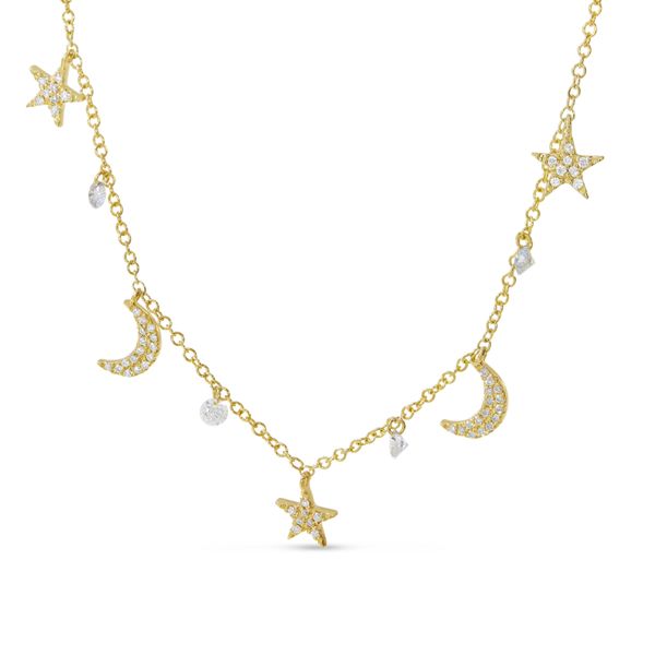 14K Yellow Gold Dashing Diamond Moon and Stars Pierced Diamonds Necklace Image 2 Adler's Diamonds Saint Louis, MO