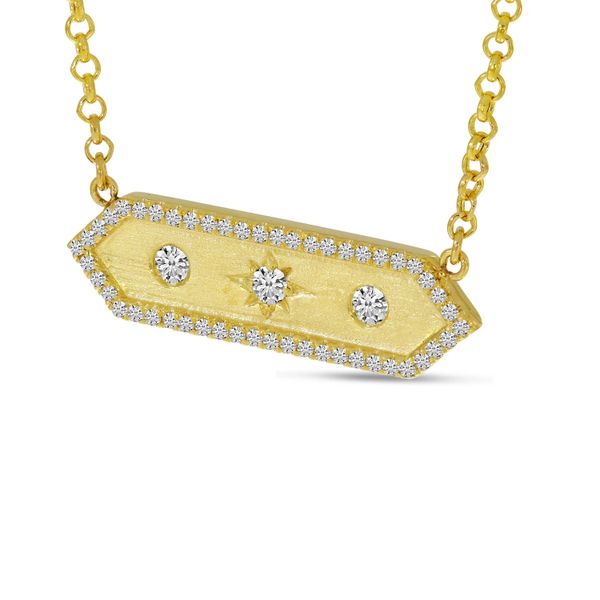 14K Yellow Gold Diamond Halo Brushed Hexagon Bar Pendant Image 2 Clater Jewelers Louisville, KY