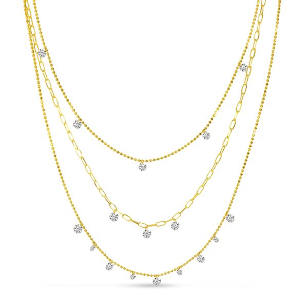 14K Yellow Gold Pierced Triple Diamond Triple Necklace Windham Jewelers Windham, ME