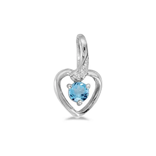 10k White Gold Round Blue Topaz And Diamond Heart Pendant