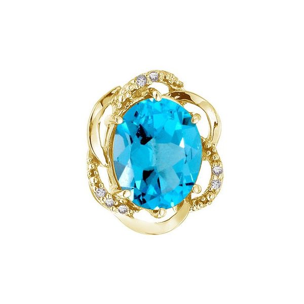 14K Yellow Gold 11x9 Oval Blue Topaz and Diamond Swirl Pendant David Mann, Jeweler Geneseo, NY