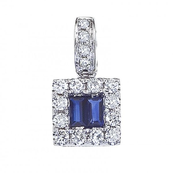 14K White Gold Diamond and Emerald Cut Sapphire Square Pendant Lennon's W.B. Wilcox Jewelers New Hartford, NY