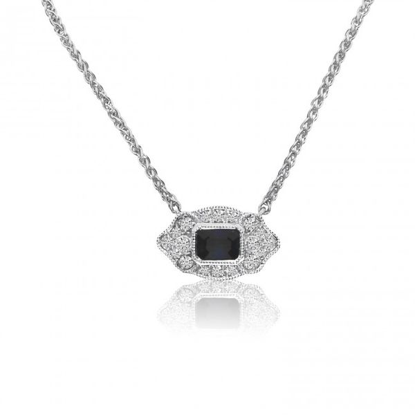 14K White Gold Octagon Sapphire and Diamond Filigree Precious Necklace Glatz Jewelry Aliquippa, PA