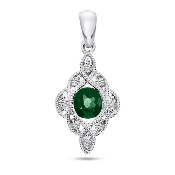 14K White Gold Round Emerald and Diamond Precious Pendant John Herold Jewelers Randolph, NJ