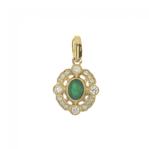 14K Yellow Gold Petite Precious Oval Emerald and Diamond Pendant Windham Jewelers Windham, ME