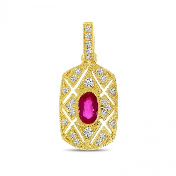 14K Yellow Gold Art Deco Precious Ruby and Diamond Rectangular Pendant David Mann, Jeweler Geneseo, NY