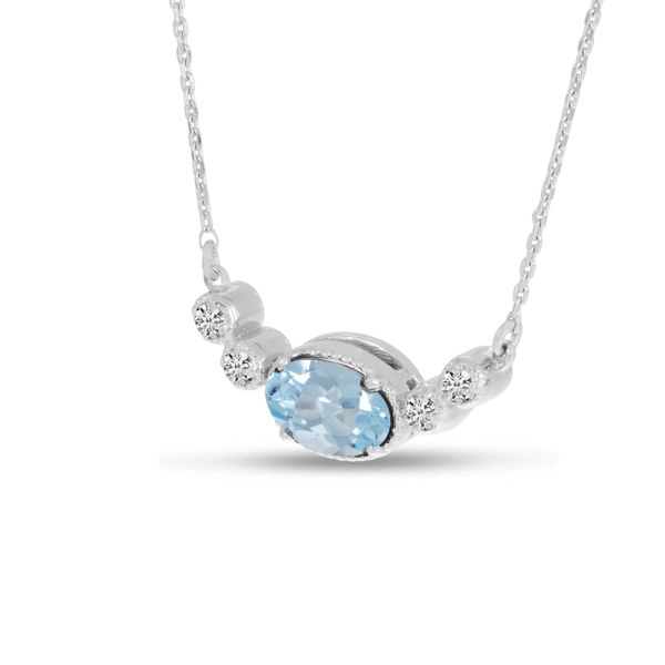 14K White Gold Oval Aquamarine Birthstone Millgrain Necklace Image 2 Adler's Diamonds Saint Louis, MO