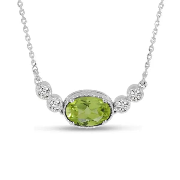 14K White Gold Oval Peridot Birthstone Millgrain Necklace
