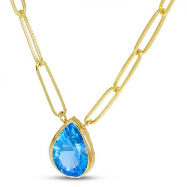14K Yellow Gold Blue Topaz Pear Paperclip Chain Necklace Image 2 The Jewelry Source El Segundo, CA