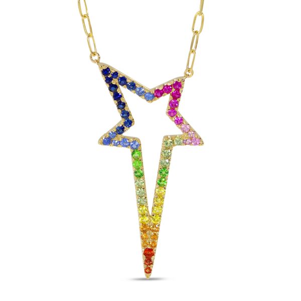 14K Yellow Gold Rainbow Sapphire Starburst Paperclip Chain Necklace Windham Jewelers Windham, ME