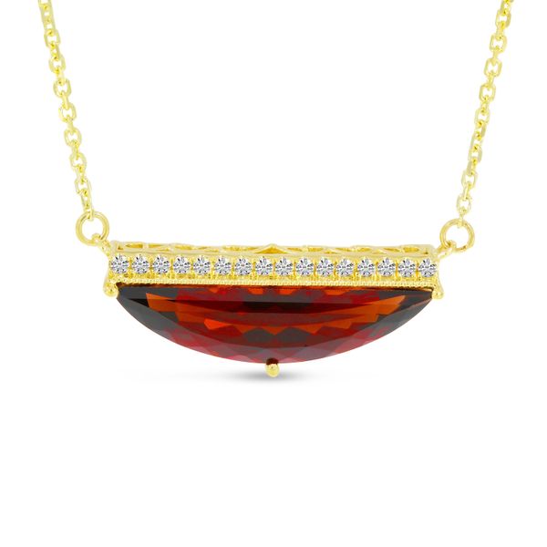 14K Yellow Gold Half Moon Garnet and Diamond Semi Precious Bar Necklace Lewis Jewelers, Inc. Ansonia, CT