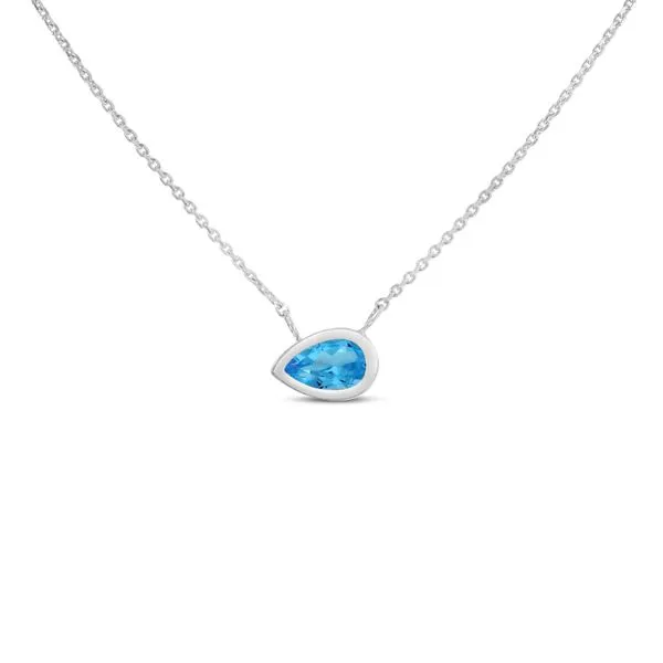 14K White Gold Pear Blue Topaz East to West Birthstone Neckl