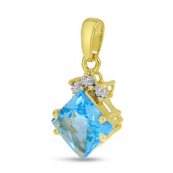 14K Yellow Gold Blue Topaz Princess Cut & Diamond Pendant Image 2 Lewis Jewelers, Inc. Ansonia, CT