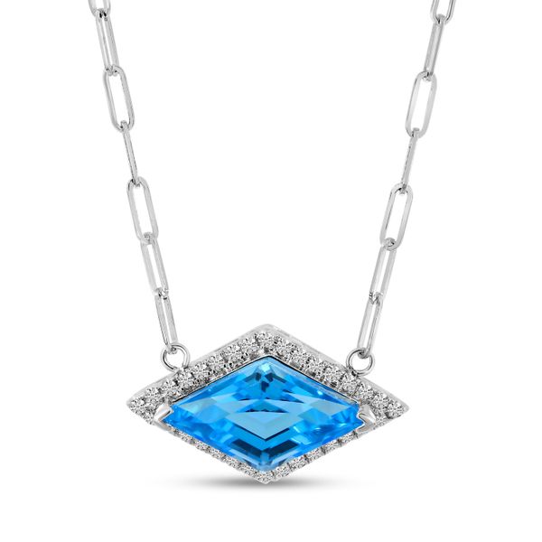 14K White Gold Fancy-Cut Blue Topaz & Diamond Halo Necklace Karen's Jewelers Oak Ridge, TN