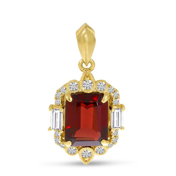 14K Yellow Gold Emerald-Cut Garnet & Diamond Halo Pendant Windham Jewelers Windham, ME
