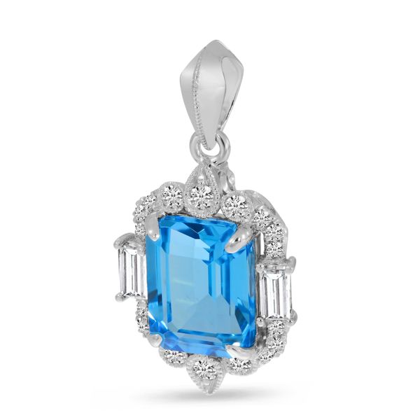 14K White Gold Emerald-Cut Blue Topaz & Diamond Halo Pendant Image 2 Lennon's W.B. Wilcox Jewelers New Hartford, NY