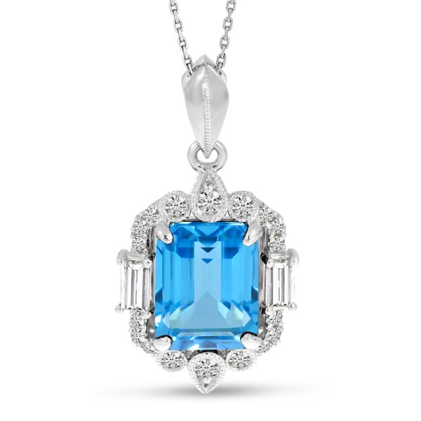 14K White Gold Emerald-Cut Blue Topaz & Diamond Halo Pendant Image 3 Lennon's W.B. Wilcox Jewelers New Hartford, NY